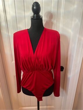 Women’s Red Long-Sleeve V-Neck Bodysuit